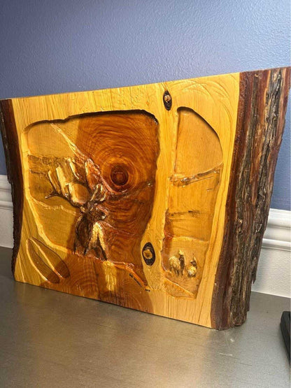 Sue Cockrell Signed Relief Carved Elk Wood Wall Art