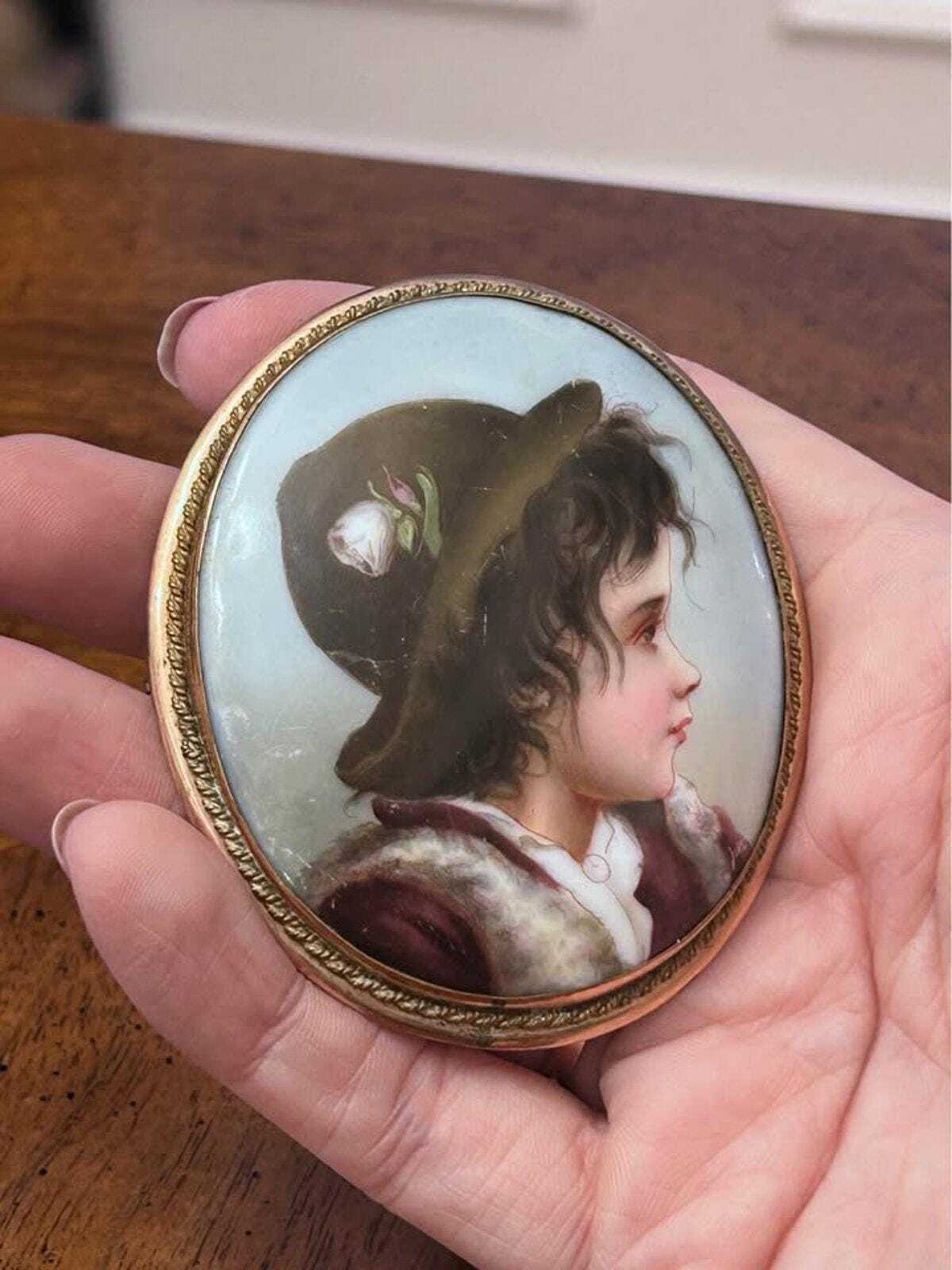 Antique Victorian Hand-Painted Porcelain Girl Portrait Brooch