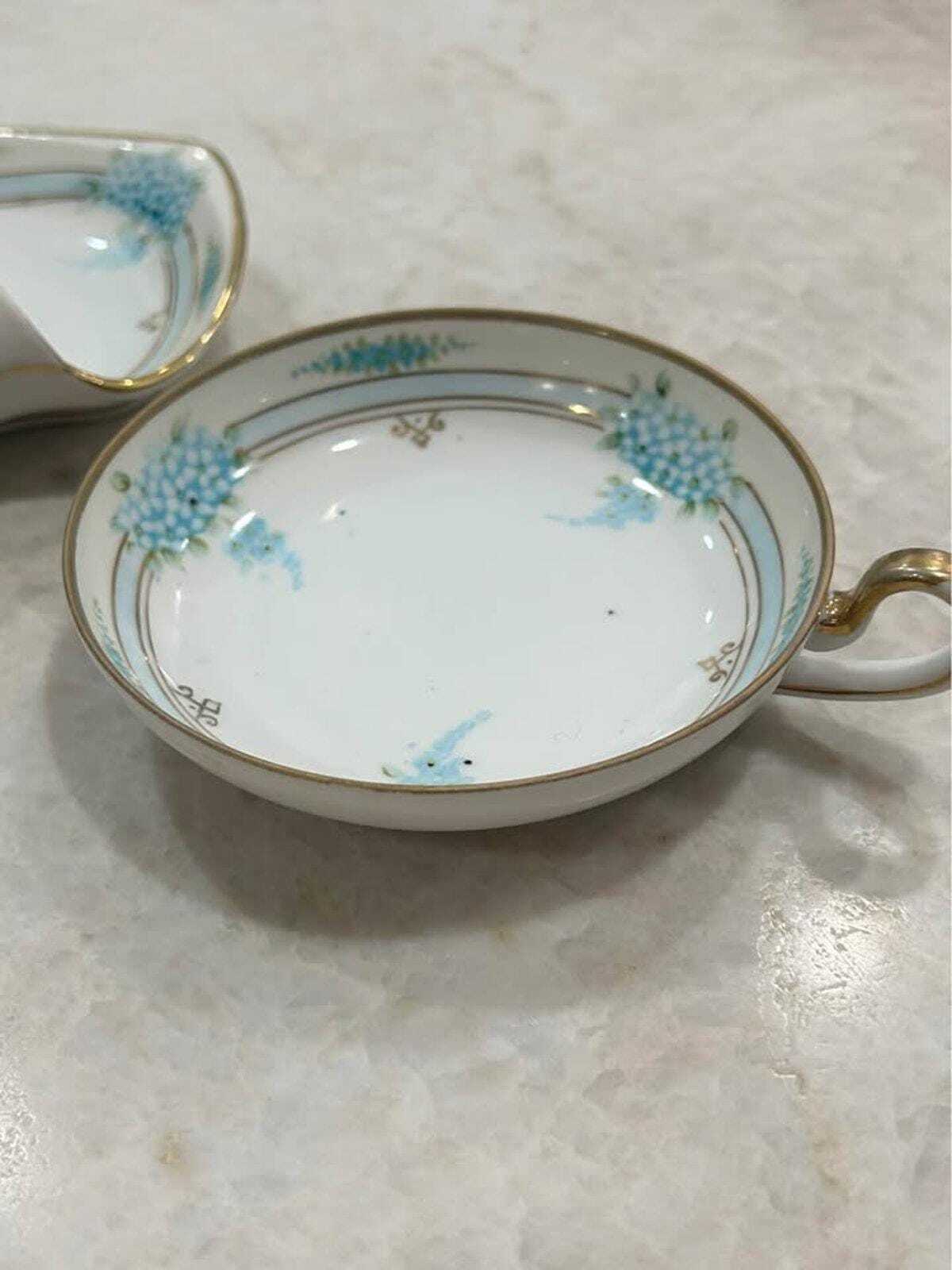 Antique Morimura Brothers Nippon Hand-Painted Porcelain Divided Dish and Bowl Set with Blue Florals