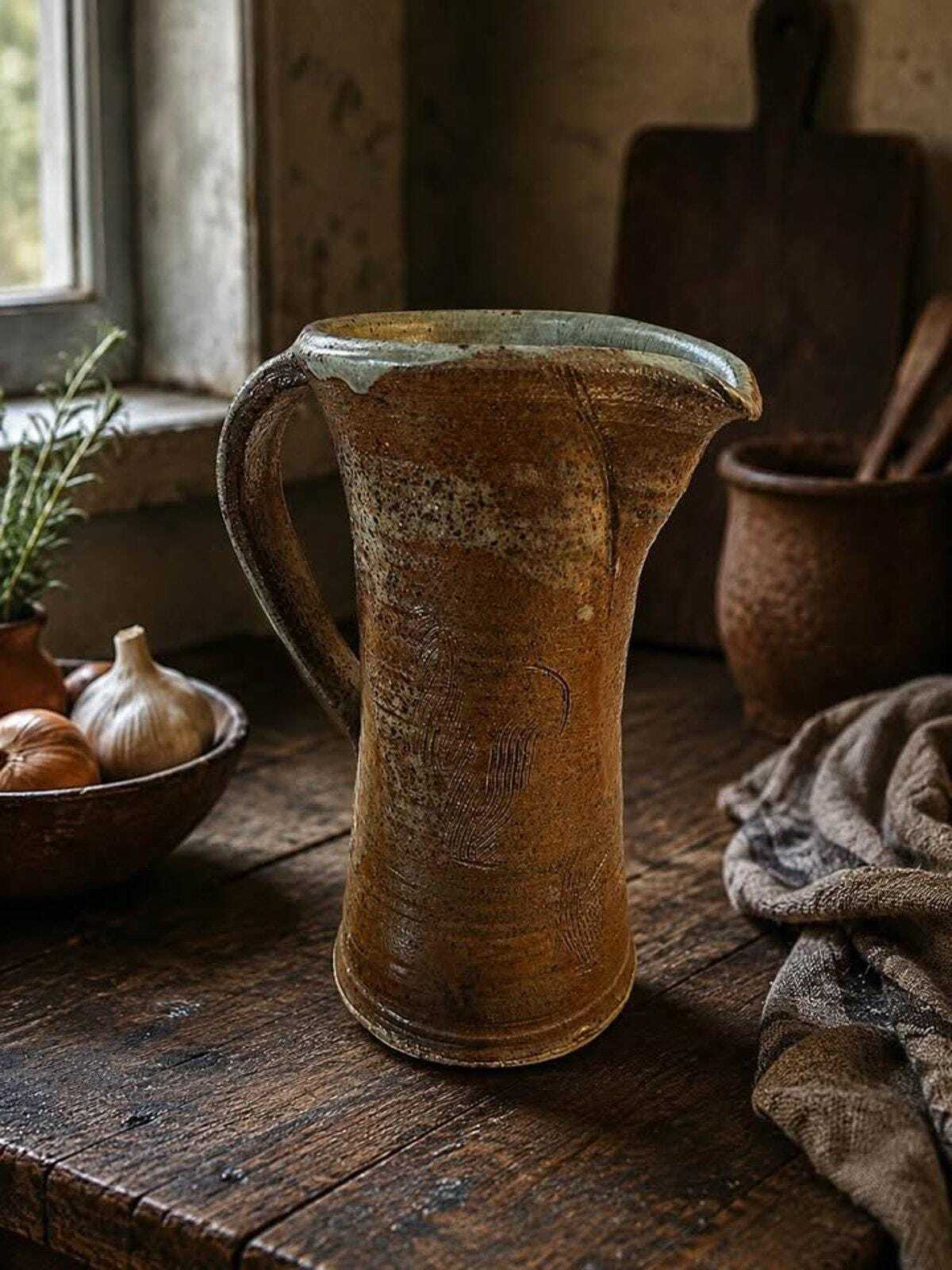 Vintage Tad Demsey Studio Pottery Tall Pitcher Hand Thrown Stoneware Combed Jug