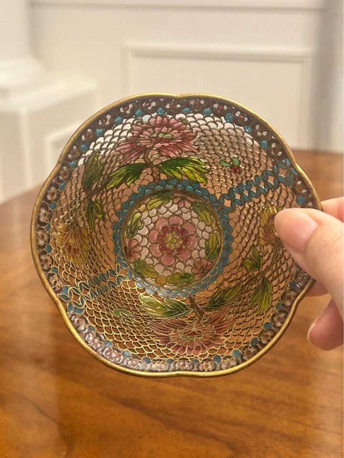 Vintage Plique-à-Jour Translucent Enamel Floral Bowl Scalloped Edge
