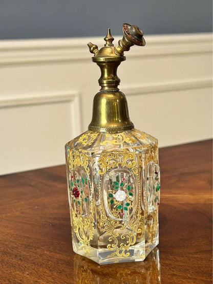 Antique Bohemian Gilded Crystal Perfume Atomizer Bottle