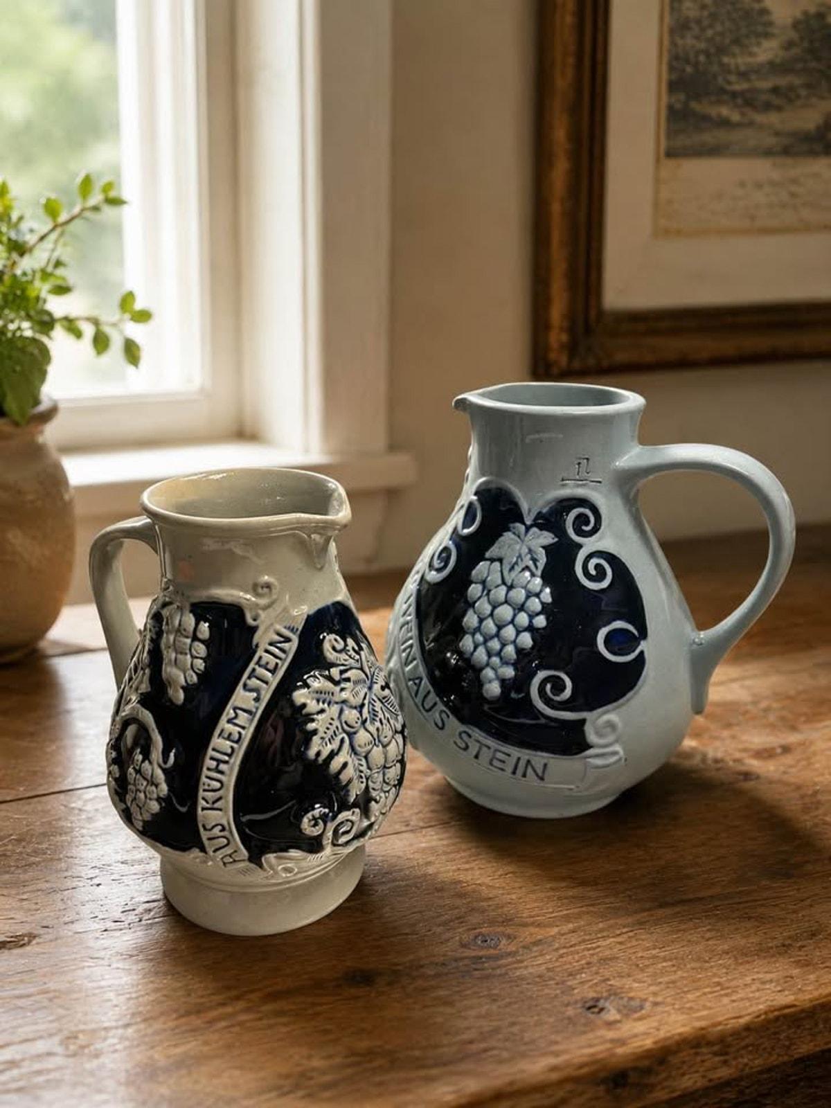 Vintage West German Cobalt Salt-Glazed Stoneware Wine Pitcher Pair
