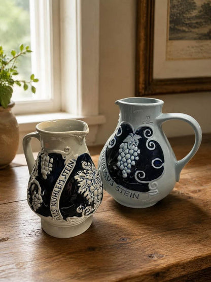 Vintage West German Cobalt Salt-Glazed Stoneware Wine Pitcher Pair