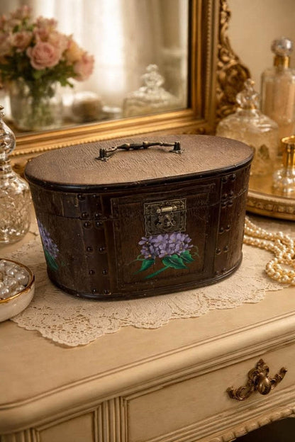 Vintage Dale Tiffany Hand-Painted Hydrangea Jewelry Trunk – Oval Keepsake Chest – Designer Toleware Style Floral Storage