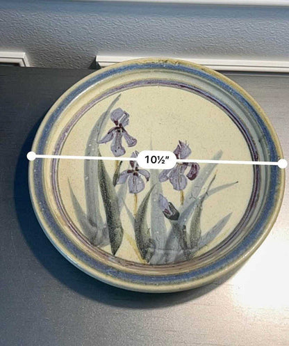 Vintage Studio Pottery Platter | Hand-Painted Purple Iris Botanical Stoneware Dish