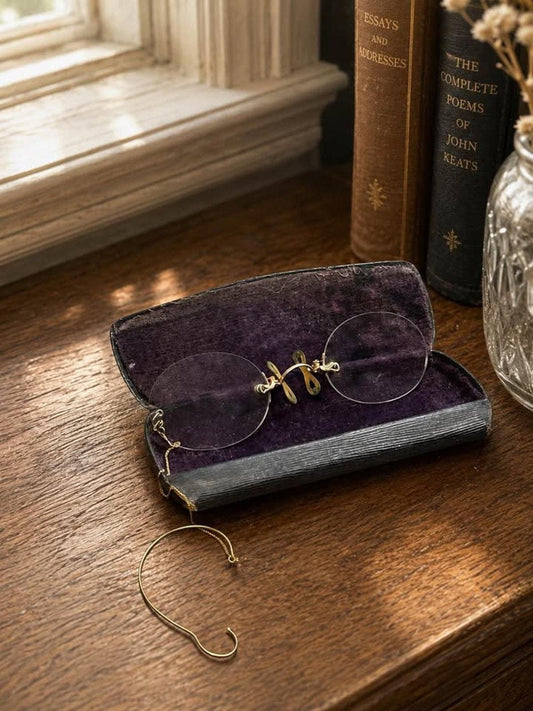 Antique 1/10 12k Gold-Filled Rimless Pince-Nez Eyeglasses & Chain with O.S. Mitchell Case