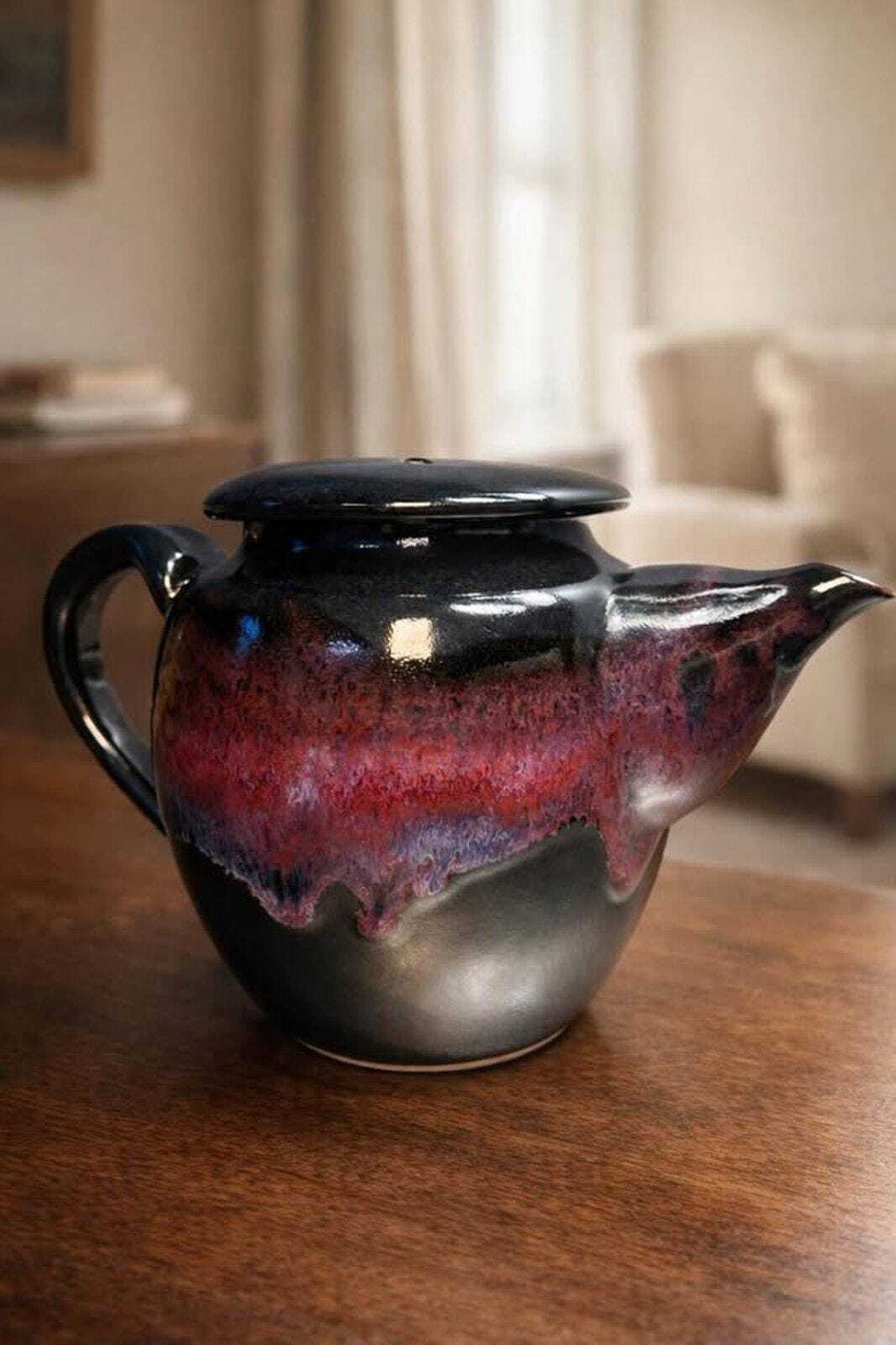 Larry Bruning Signed Porcelain Teapot | Leopard Black with Lilac & Cranberry Accents | Mid-90s Studio Work
