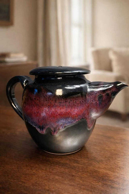 Larry Bruning Signed Porcelain Teapot | Leopard Black with Lilac & Cranberry Accents | Mid-90s Studio Work