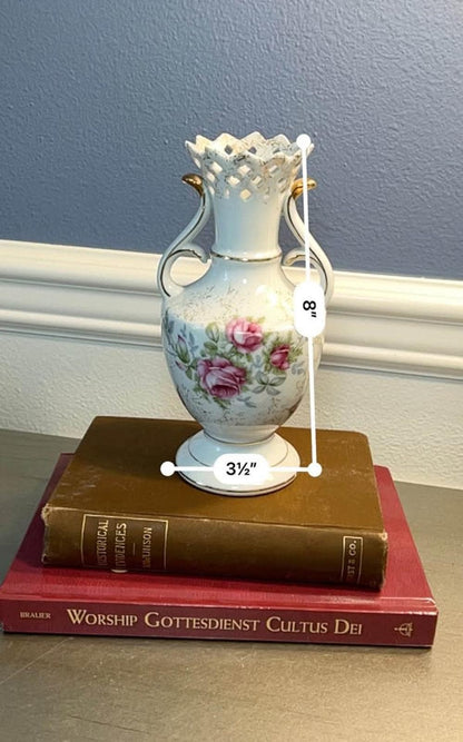 Vintage Norcrest Dresden Rose Vase - Pierced Rim & Gold Accents
