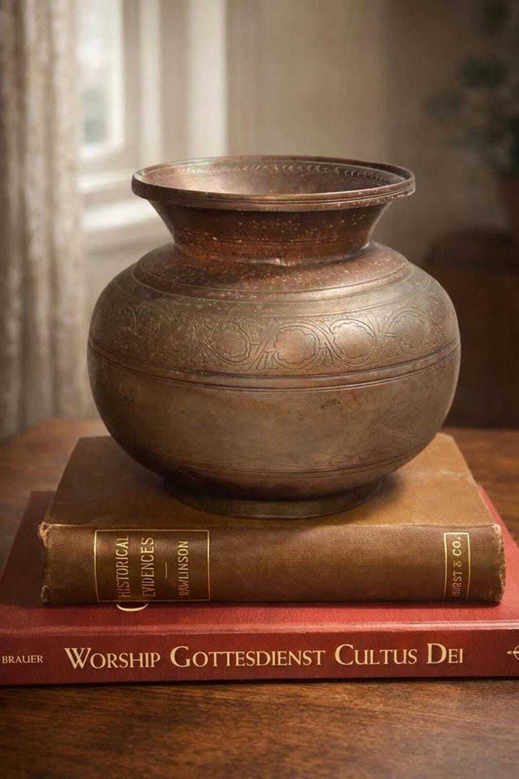 Vintage Hand-Engraved Indian Brass Lota Kalash Water Pot Etched Metal Vase
