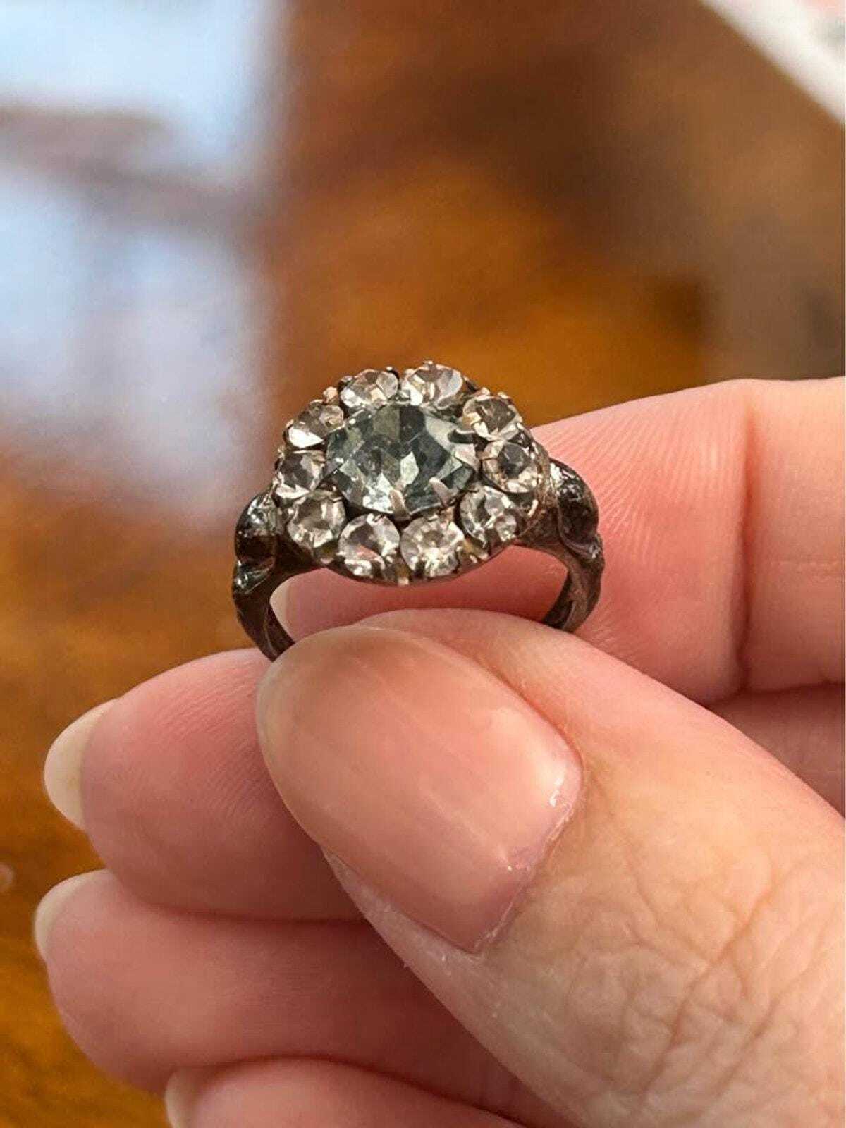 Art Deco Sterling Silver Aquamarine Glass Paste Cluster Ring - size 5