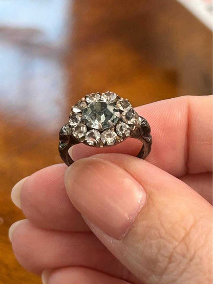 Art Deco Sterling Silver Aquamarine Glass Paste Cluster Ring - size 5