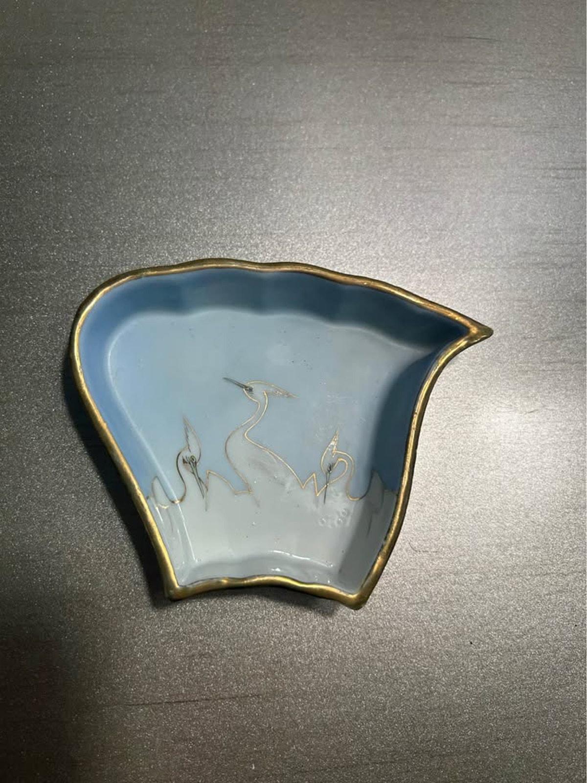 Antique Nippon Porcelain Fan Dish | Hand Painted Crane Moriage Motif