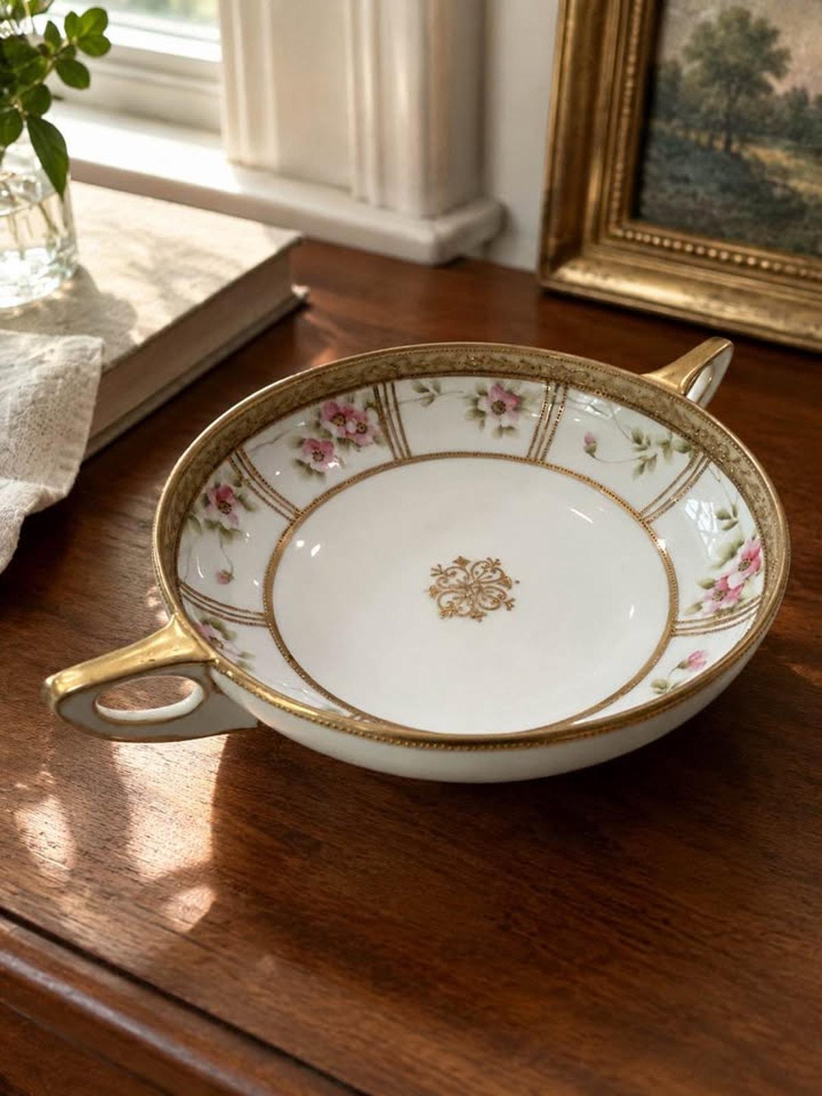 Antique Nippon Hand Painted Porcelain Two Handled Bowl - Morimura Noritake Pink Wild Rose