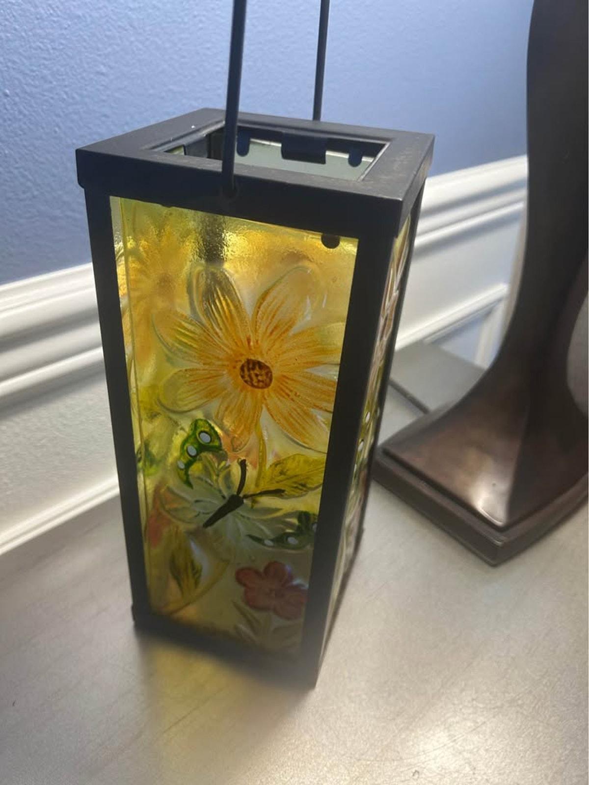 Hand-Painted Floral Textured Glass Lantern with Metal Frame