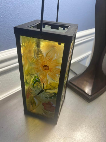 Hand-Painted Floral Textured Glass Lantern with Metal Frame