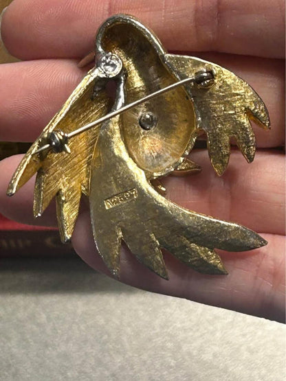 Vintage Sphinx London Bird Brooch, Gold Tone Blue & Green Enamel Pin, Numbered A2597