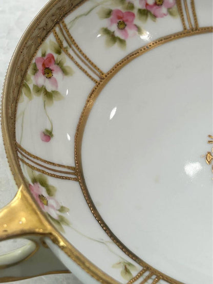 Antique Nippon Hand Painted Porcelain Two Handled Bowl - Morimura Noritake Pink Wild Rose