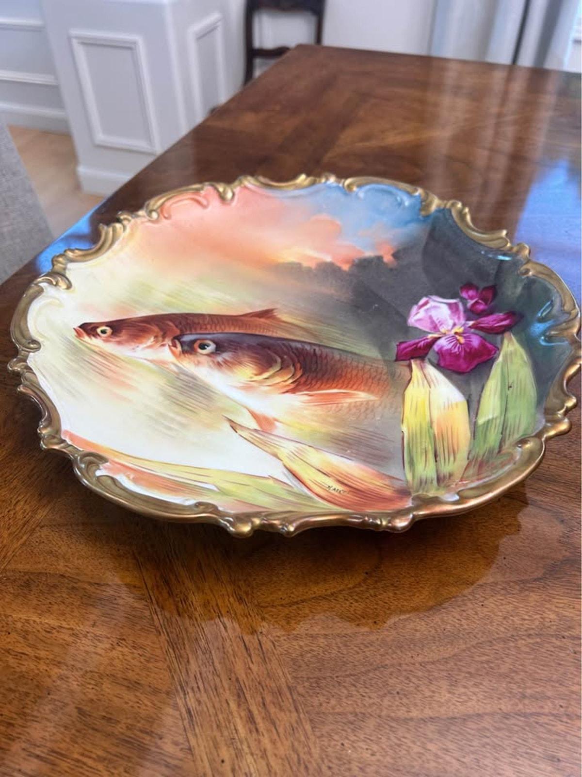 Antique Limoges France Hand Painted Fish Charger Plate Signed Marcel