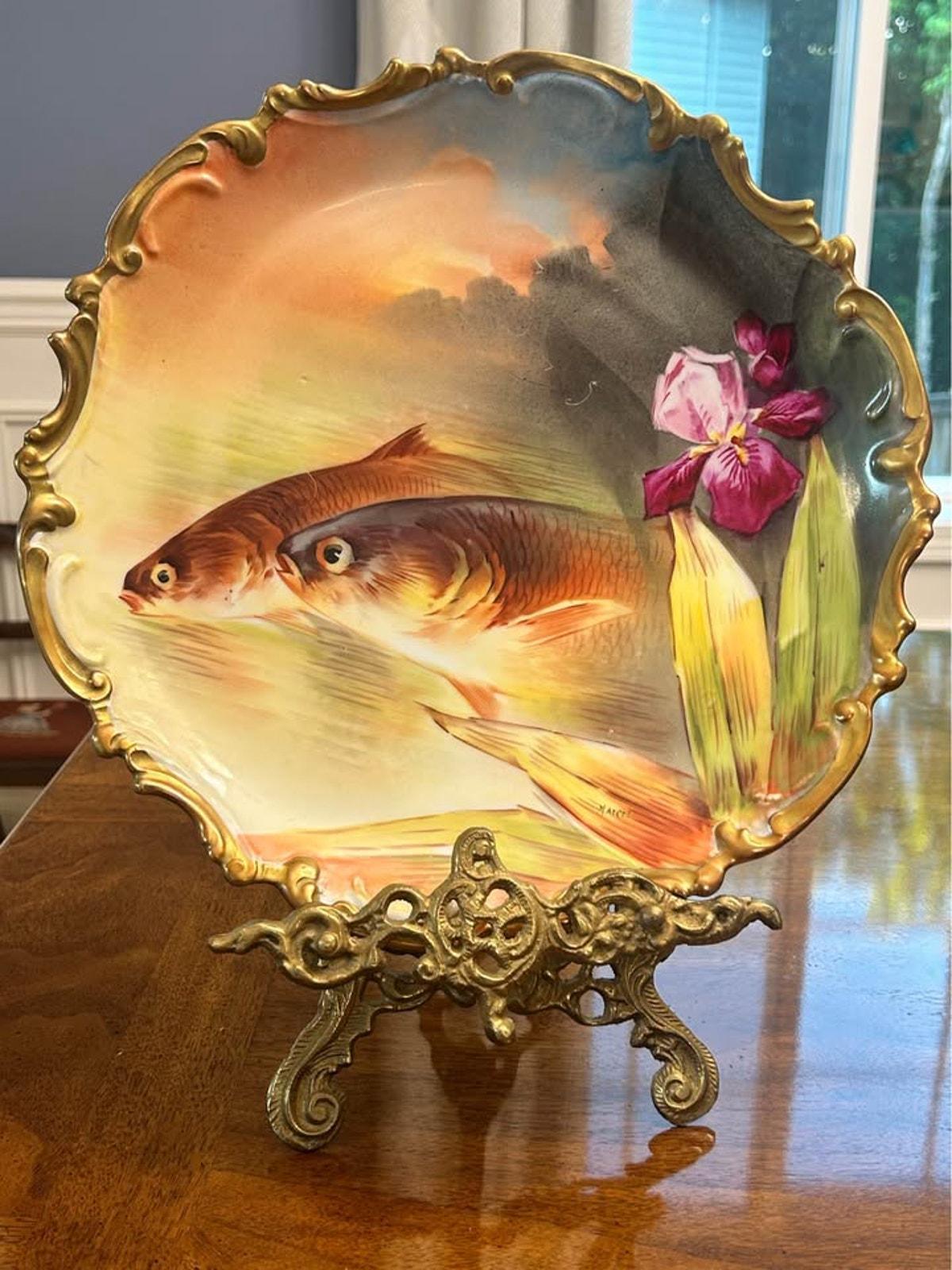 Antique Limoges France Hand Painted Fish Charger Plate Signed Marcel