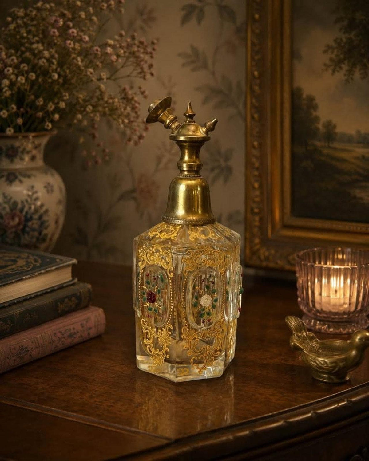 Antique Bohemian Gilded Crystal Perfume Atomizer Bottle