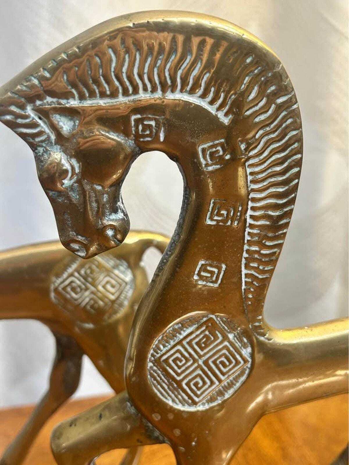 Vintage Mid-Century Brass Greek Geometric Horse Figurines | Etruscan Revival Sculptures | Frederick