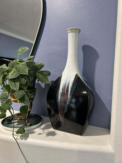 Extra Tall Mid-Century Drip Glaze Vessel – Obsidian Cream Studio Art Pottery 1970s Home Decor