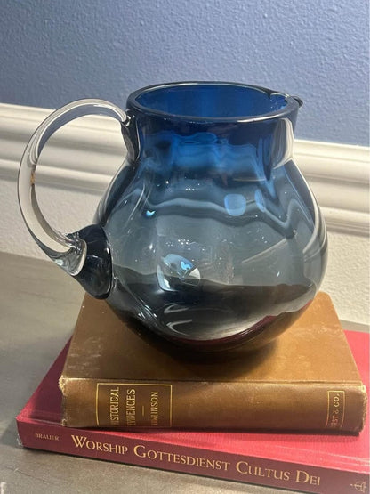 Mid-Century Hand-Blown Blue Art Glass Pitcher | Optic Ribbed Bulbous Jug with Clear Applied Handle