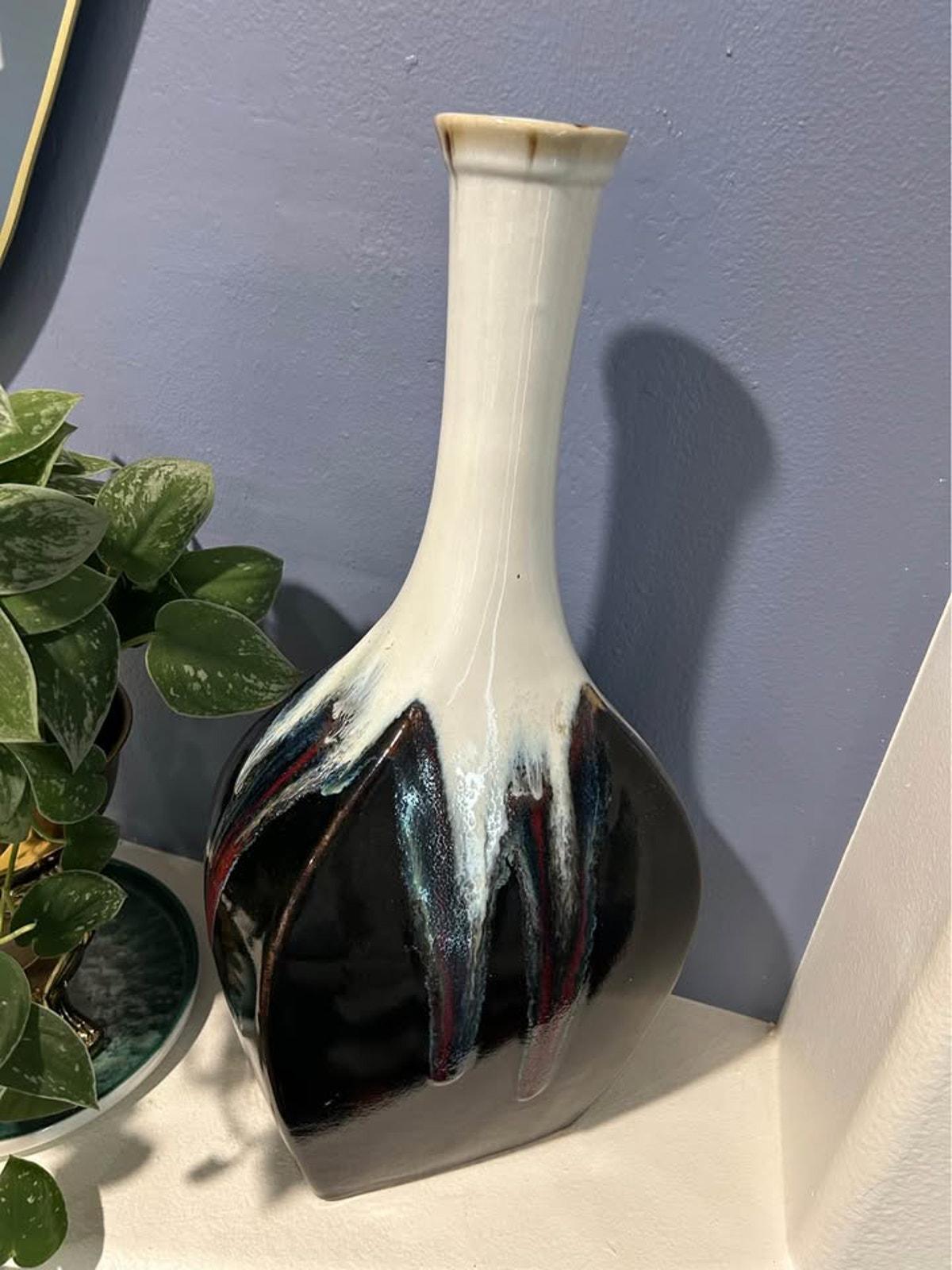 Extra Tall Mid-Century Drip Glaze Vessel – Obsidian Cream Studio Art Pottery 1970s Home Decor