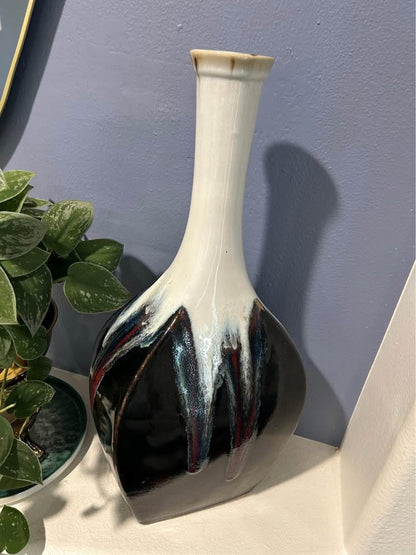 Extra Tall Mid-Century Drip Glaze Vessel – Obsidian Cream Studio Art Pottery 1970s Home Decor