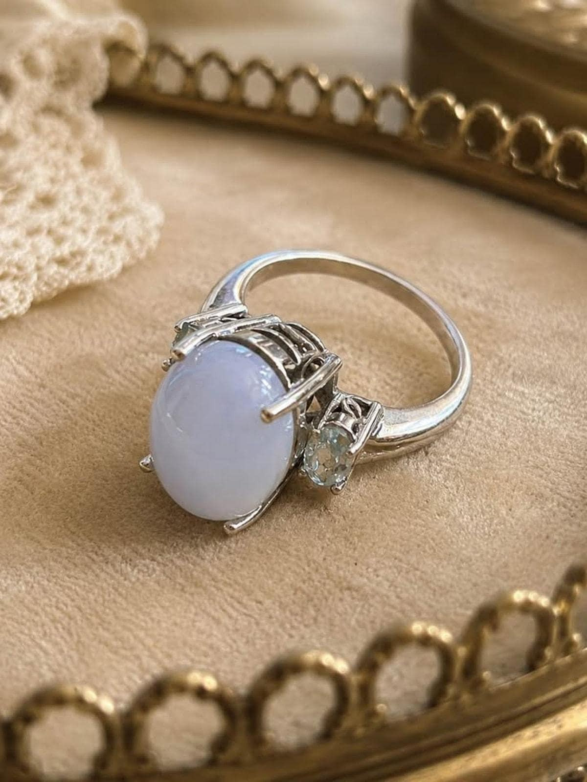Vintage Mid-Century Genuine Moonstone and Aquamarine Cocktail Ring - size 10.75