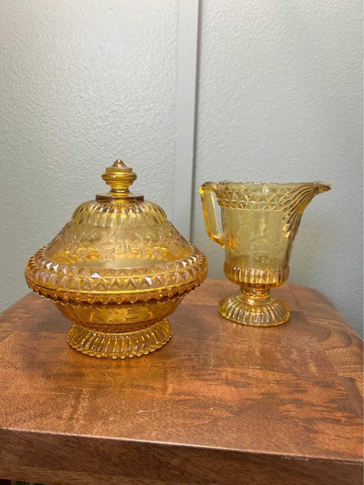 Adams Wildflower Pattern Amber Glass Pitcher and Covered Sweetmeat Set