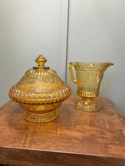 Adams Wildflower Pattern Amber Glass Pitcher and Covered Sweetmeat Set
