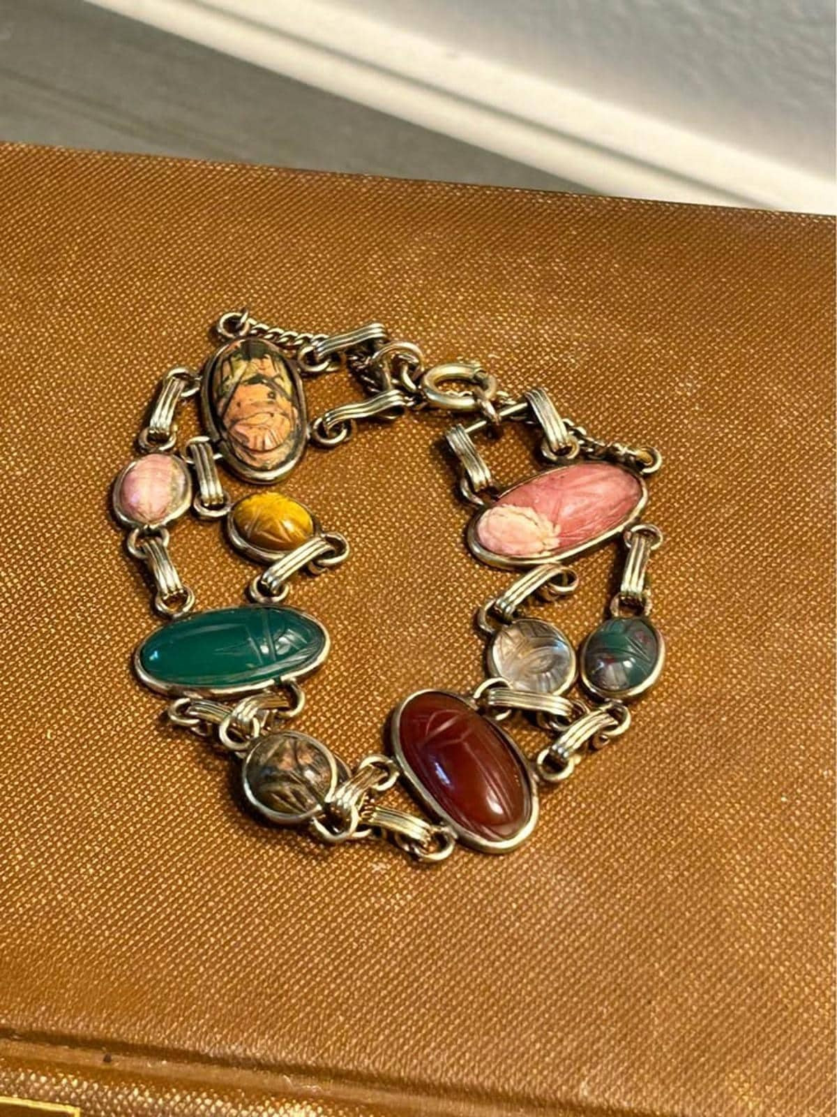 Vintage 12k Gold Filled Double Link Scarab Bracelet - Multi-Gemstone Egyptian with Safety Chain