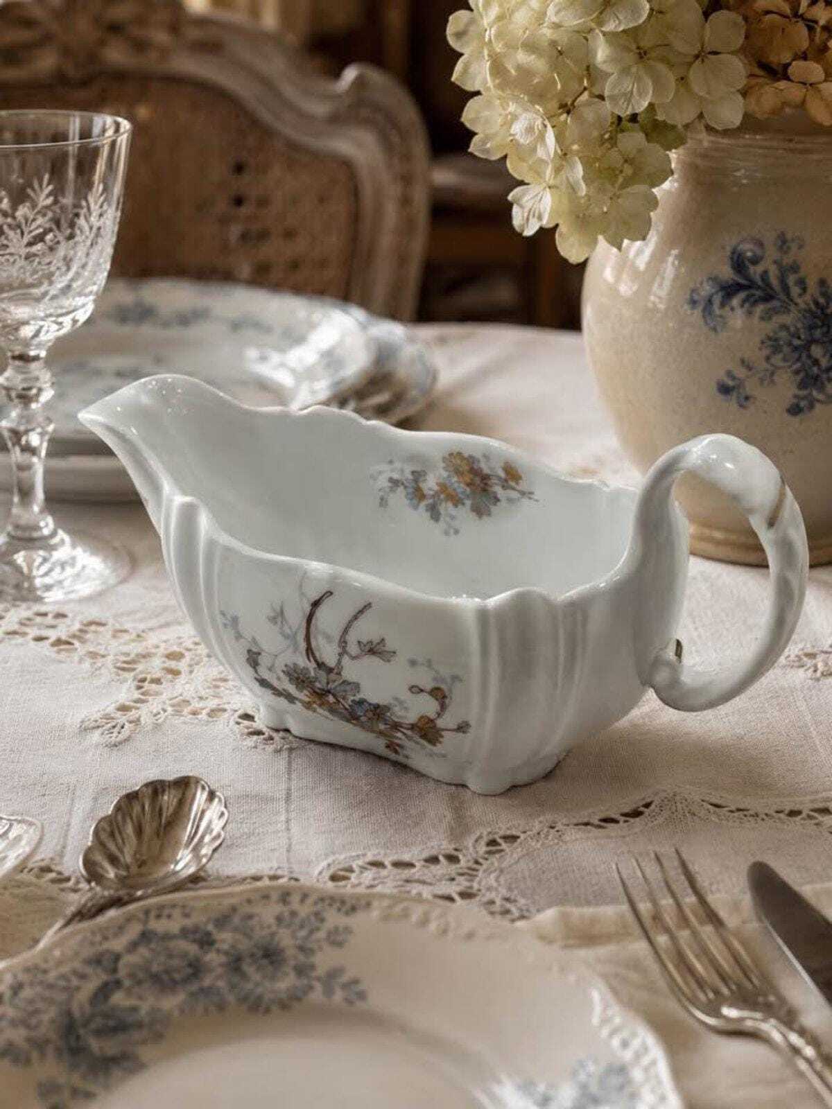 Antique A. Lanternier Limoges Porcelain Gravy Boat Floral Pattern