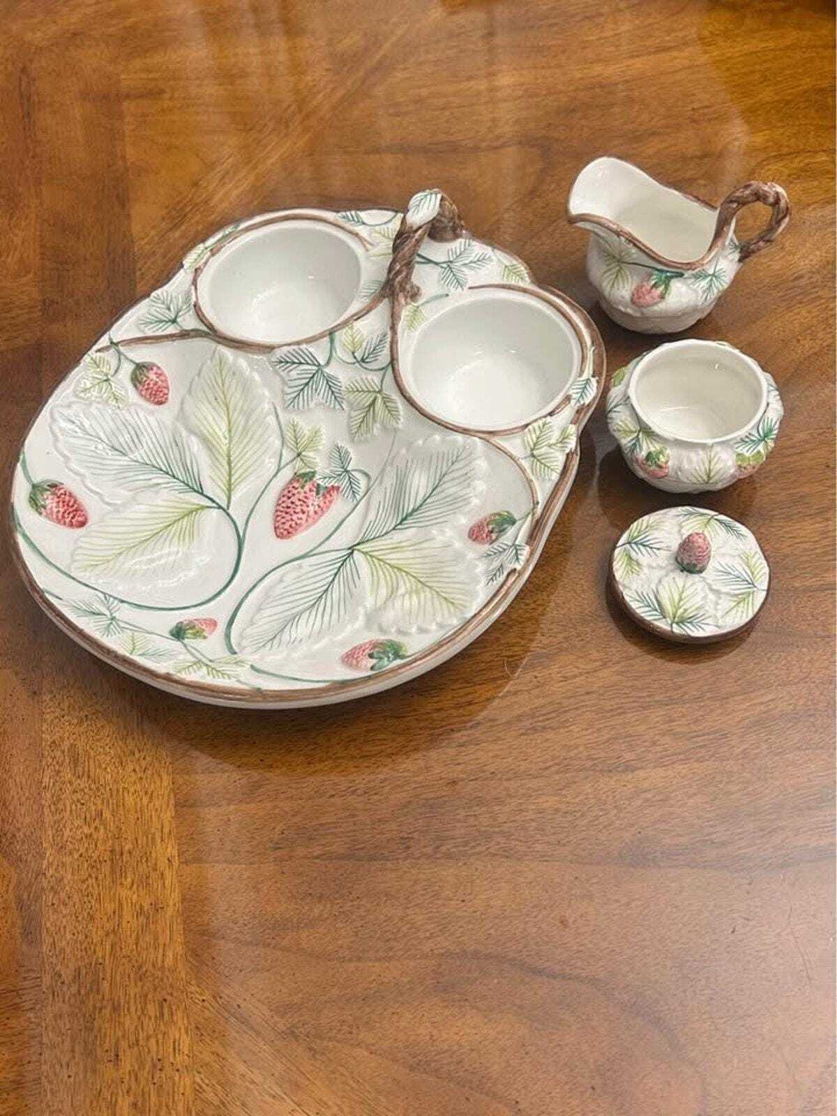 Vintage A.Z. Nove for Tiffany & Co. Majolica Strawberry Cabaret Set
