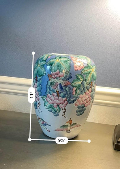 Large Vintage Chinese Raised Enamel Grape and Bird Vase