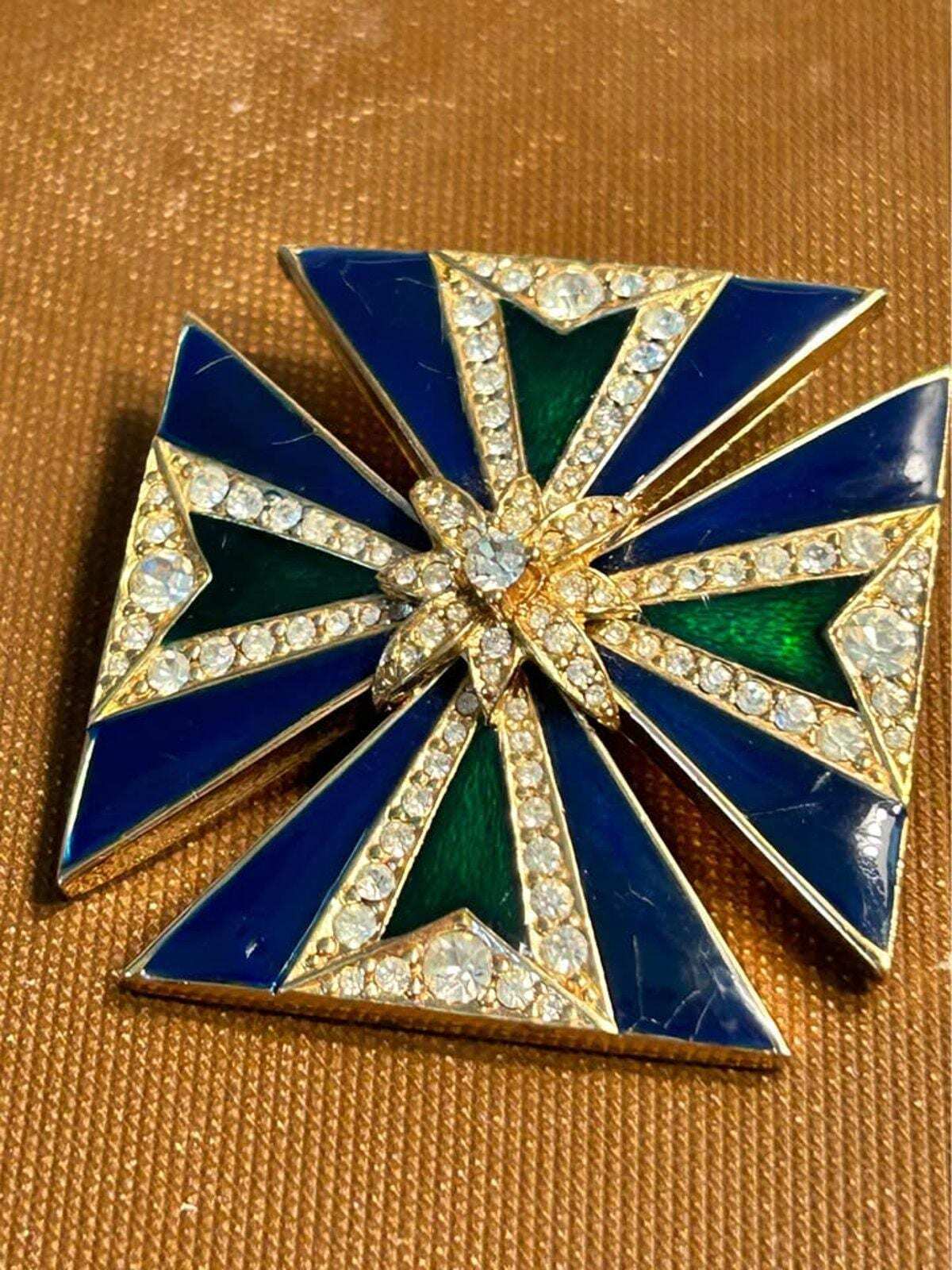Ciner Vintage Blue and Green Enamel Maltese Cross Brooch and Pendant