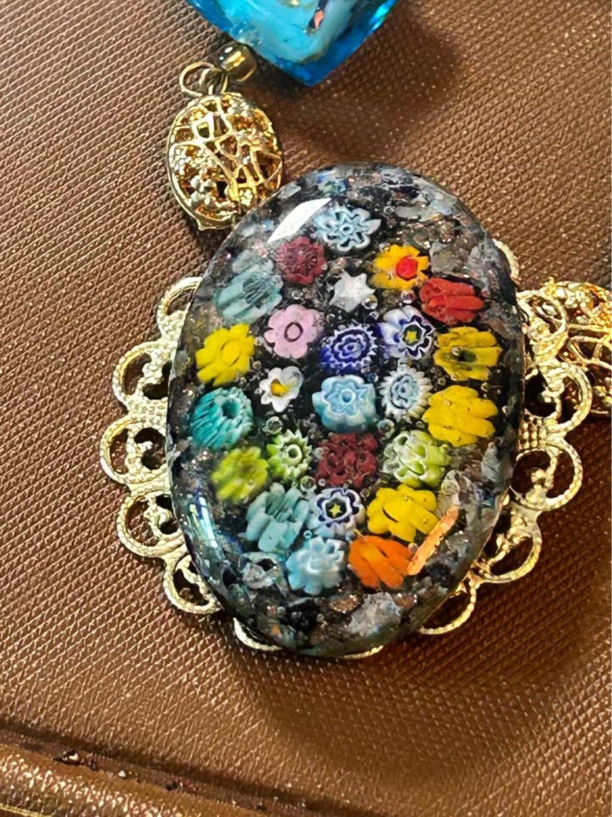 Vintage Murano Glass Millefiori Pendant Necklace Blue Foil Beads