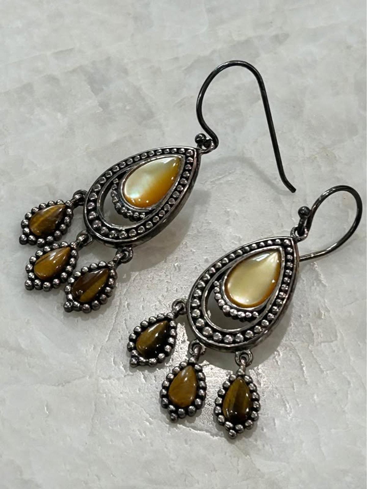 925A China Sterling Silver Chandelier Earrings with Mother of Pearl and Tiger's Eye