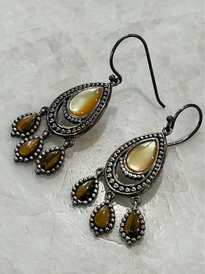 925A China Sterling Silver Chandelier Earrings with Mother of Pearl and Tiger's Eye