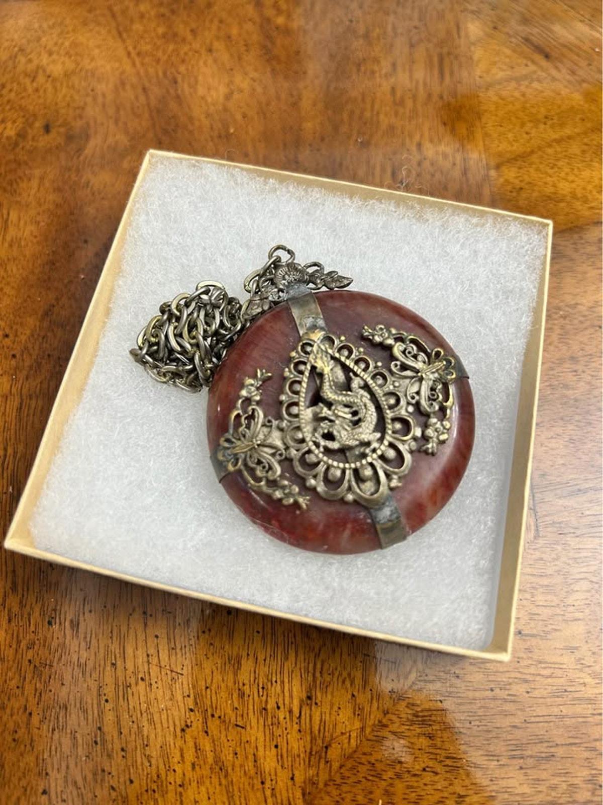 Vintage Chinese Export Carnelian Disc Dragon Pendant Necklace