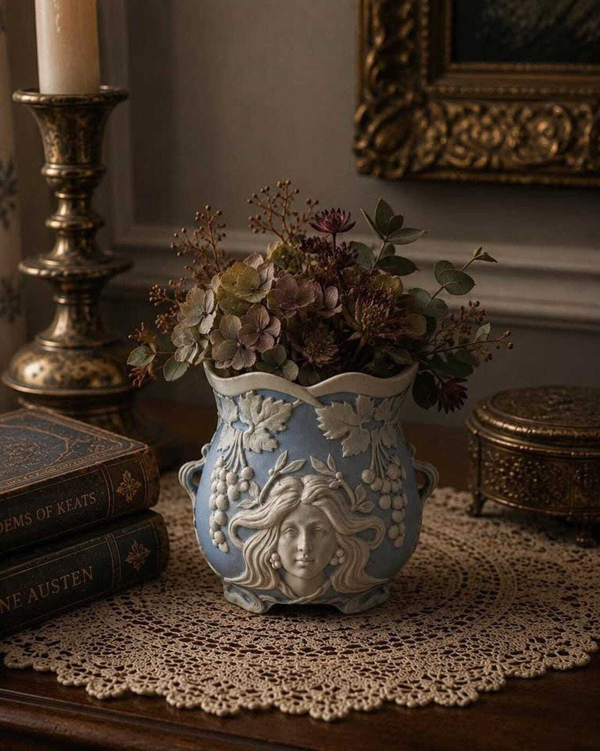Antique Schafer & Vater Blue Bisque Porcelain Art Nouveau Maiden Vase