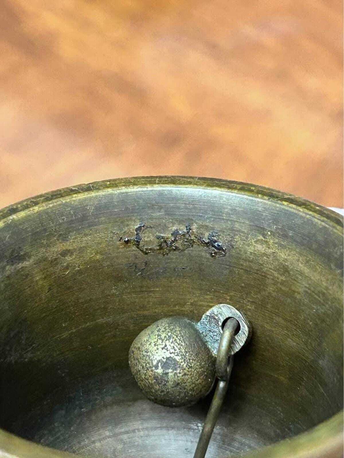 Vintage Cast Brass Tavern Scene Hand Bell with Wreath Handle