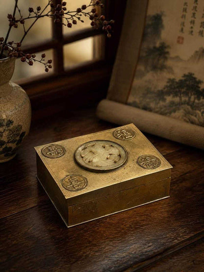 Vintage Chinese Export Brass Trinket Box with Faux Jade Peking Glass Medallion