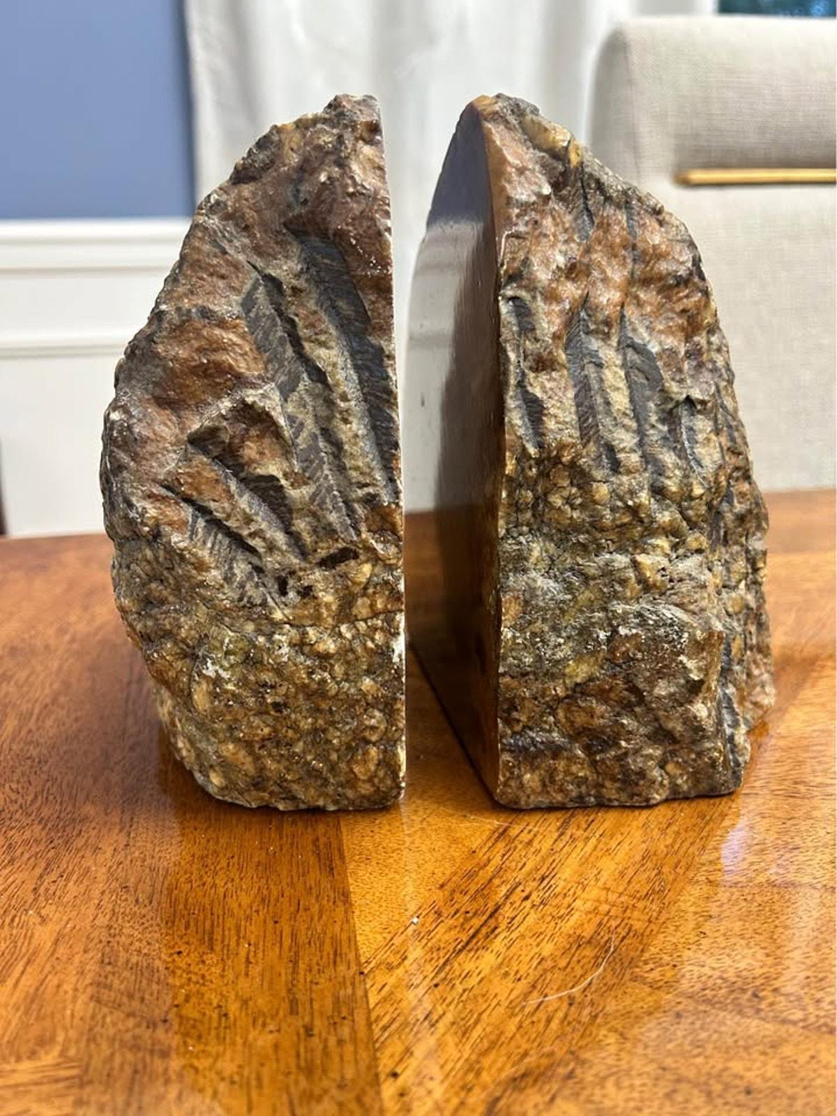 Vintage Italian Polished Faux Bois Stone Brutalist Bookends