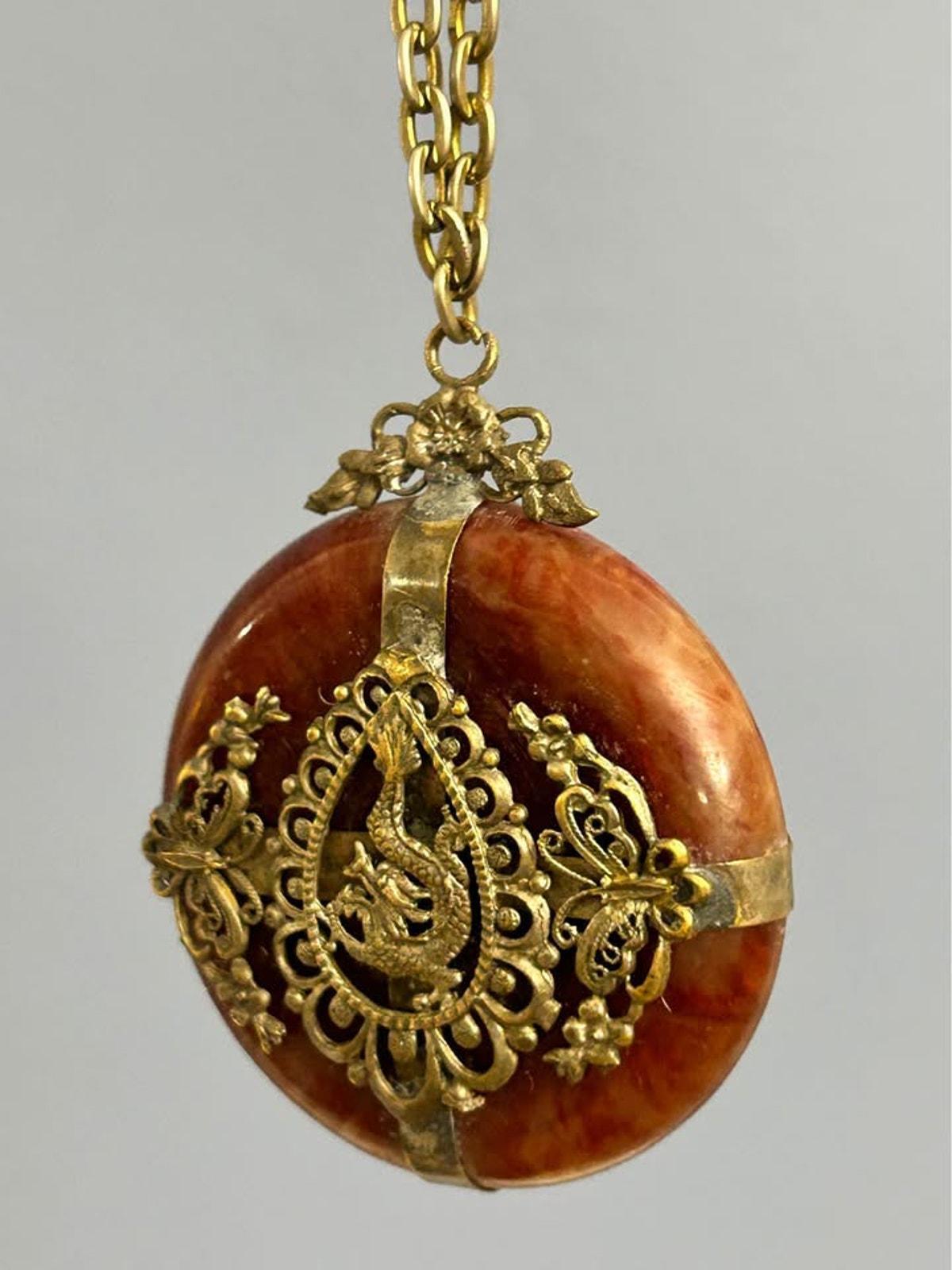 Vintage Chinese Export Carnelian Disc Dragon Pendant Necklace