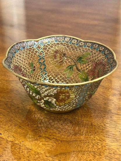 Vintage Plique-à-Jour Translucent Enamel Floral Bowl Scalloped Edge