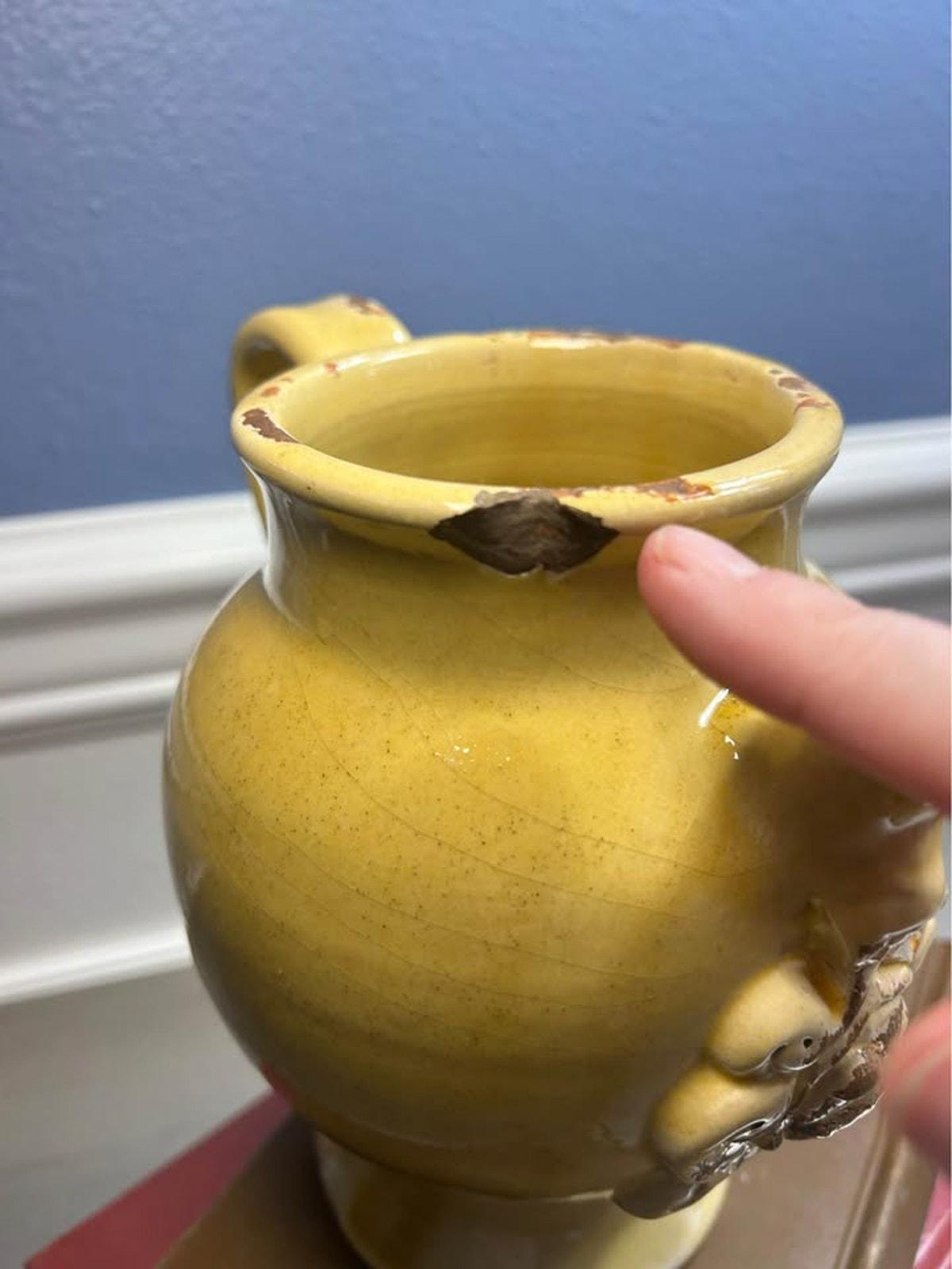 Leona Italy 1960s Handworked Yellow Pottery Pitcher - Rustic Relief Crest